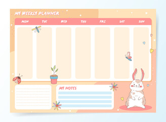 Cute Calendar Weekly Planner Template for spring. Beautiful Diary with Vector Baby Bunny Character. Spring Season Holidays Backgrounds. Organizer and Schedule with place for Notes.
