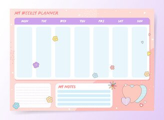 Weekly Planner Template. Organizer and Schedule with Notes and To Do List. Vector. Isolated. Pink and purples colors. Romantic heart shapes and flowers. 
