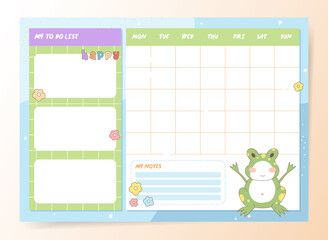 Plant Monthly Planner Template in Vector with cute flog and flowers for Notes, To Do List, Shopping List, habit trackers.
