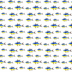 hand drawn watercolor seamless pattern of tuna fish