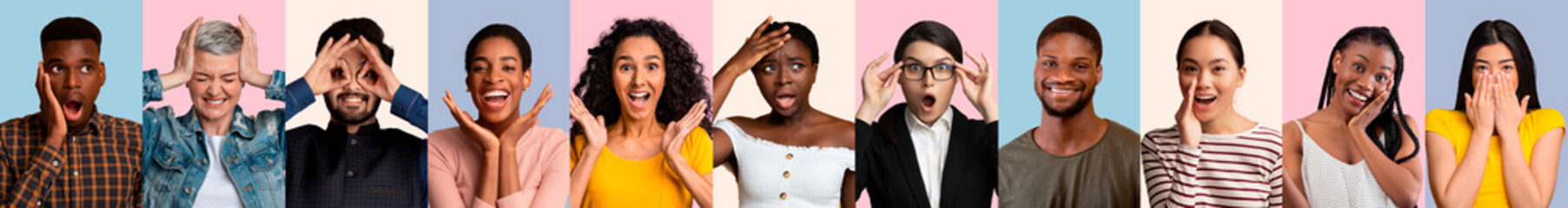 Collection of multiracial people expressing various emotions and feelings - obrazy, fototapety, plakaty