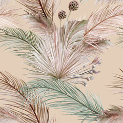 Delicate watercolor boho pattern with dry palm leaves on a beige background for textile