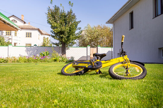 Children's Bicycle Isolated On A Green Lawn.