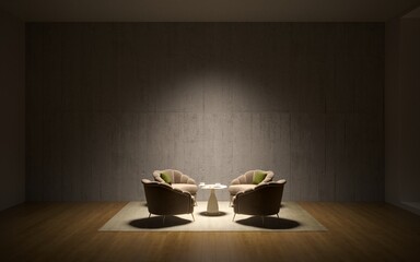 Empty wall in Scandinavian style interior with armchair. 3D illustration, cg render