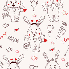 Obraz premium Seamless pattern with cute rabbit cupid with wings and an arrow with a heart on a white background with love letters and balloons. Vector illustration in hand drawn linear doodle for design and decor
