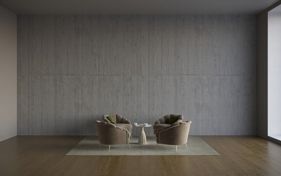 Empty wall in Scandinavian style interior with armchair. 3D illustration, cg render