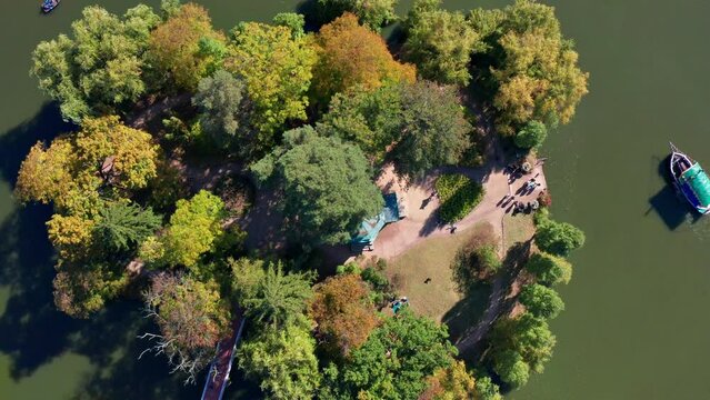 Top view of the lake and the island. People swim on a boat, boats on the lake. Yellow, green, autumn leaves, trees from above. People are walking in the park.