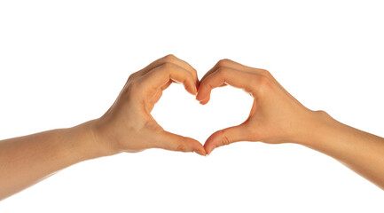 Two female hands show a heart shape on a white background. Gay Pride. LGBT concept. Isolated