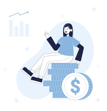 Investment and Finance Management Concept. Flat Cartoon Vector Illustration. The consultant, leaning on a stack of coins, smiles amiably and waves his hand. A successful investor or entrepreneur.