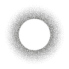 Halftone circle frame with black random dots, logo emblem design element for technology, medical, treatment, cosmetic. Border with empty space for your text, round shape. Vector illustration