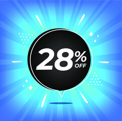 28% off. Blue banner with twenty-eight percent discount on a black balloon for mega big sales.