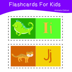 Vector set of flashcards for kids with cute animal themes. Alphabet for kid education. Learn letters with funny zoo animals for kids. Childish Vector ABC Poster for Preschool Education.