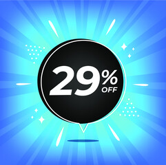 29% off. Blue banner with twenty-nine percent discount on a black balloon for mega big sales.