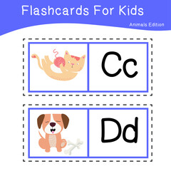 Vector set of flashcards for kids with cute animal themes. Alphabet for kid education. Learn letters with funny zoo animals for kids. Childish Vector ABC Poster for Preschool Education.