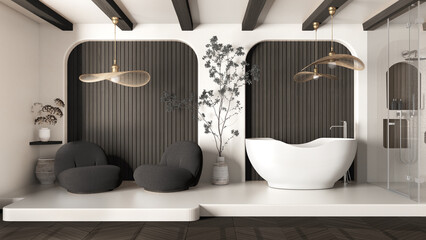 Modern creative dark and wooden bathroom, open space with parquet and concrete floor. Roof beams, shower, free standing bathtub, relax space with armchairs. Spa interior design idea