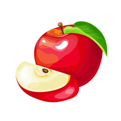 Vector drawing of a red apple on a white background. Whole apple and half.