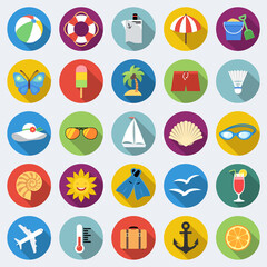 Set of long shadow summer rest icons. Traveling, tourism, vacation theme