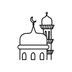 Single hand drawn mosque. Vector illustration in doodle style. Isolate on a white background.