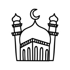 Single hand drawn mosque. Vector illustration in doodle style. Isolate on a white background.