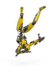 droid soldier is falling down like a super hero in action and holding a pistol