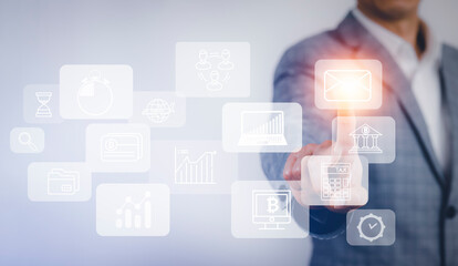Businessman touchscreen on the graph Screen Icon of a media screen, Technology Process System Business with Communication and marketing concept, Team success, HR Human, Business success