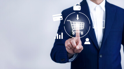 Online shopping on the Internet concept, Businessman touch button shopping cart online phone credit card, e-commerce button on virtual interface with shopping cart, credit card and wireless web icons