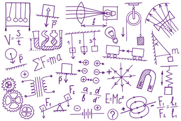 Phisics symbols icon set. Science subject doodle design. Education and study concept. Back to school sketchy background for notebook, not pad, sketchbook. Hand drawn illustration.