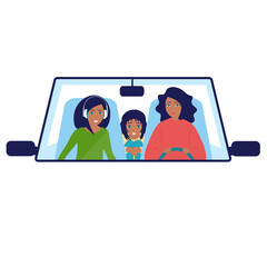 Trip, travel in the car. Mom, teen daughter and little daughter. Happy family. Vector flat, white background.