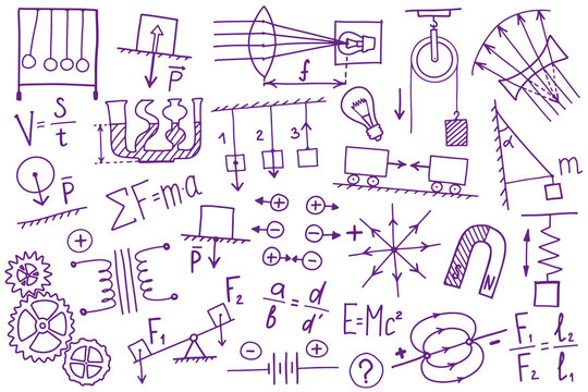 Phisics symbols icon set. Science subject doodle design. Education and study concept. Back to school sketchy background for notebook, not pad, sketchbook. Hand drawn illustration.