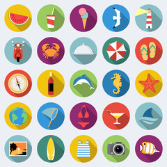 Set of summer vacation and travel icons in flat design with long shadows