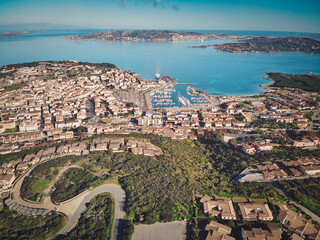 Aerial view of Palau town  port and Santo Stefano with La Maddalena islands. Province of Olbia-Tempio, Sardinia, Italy, Europe