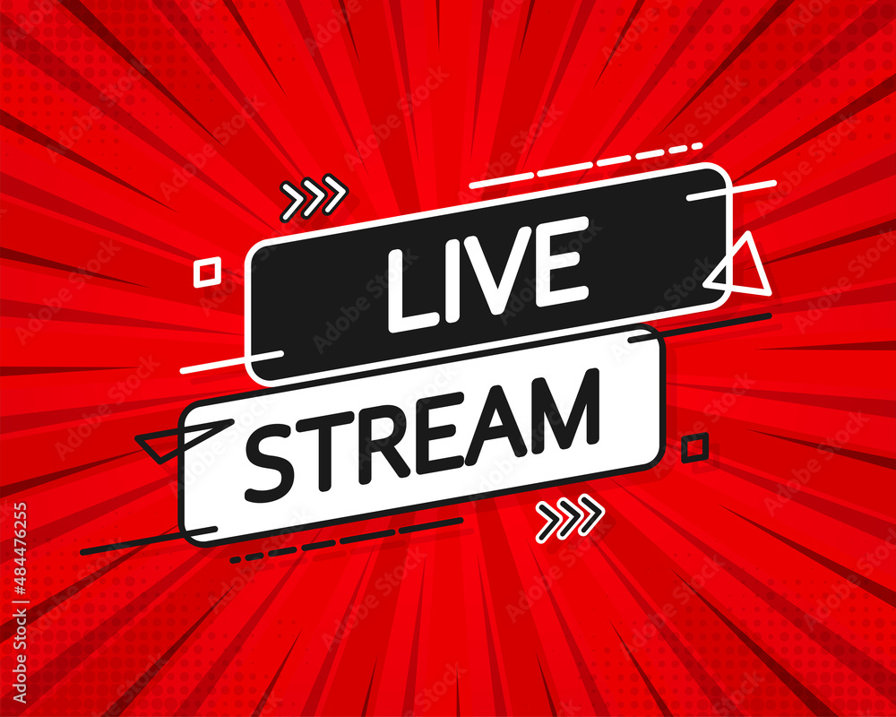 Poster live stream logo - red vector design element with play button for news and tv or online broadcasting