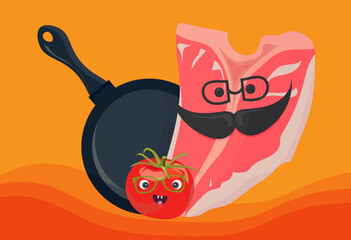 Steak t-bone, pan and tomato. Kawaii steak face and happy tomato.