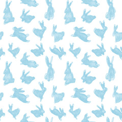 Fototapeta premium Blue watercolor rabbit easter seamless pattern