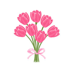 Pink tulips vector illustration. Bouquet of spring flowers with bow isolated on white background. Cartoon flat style.
