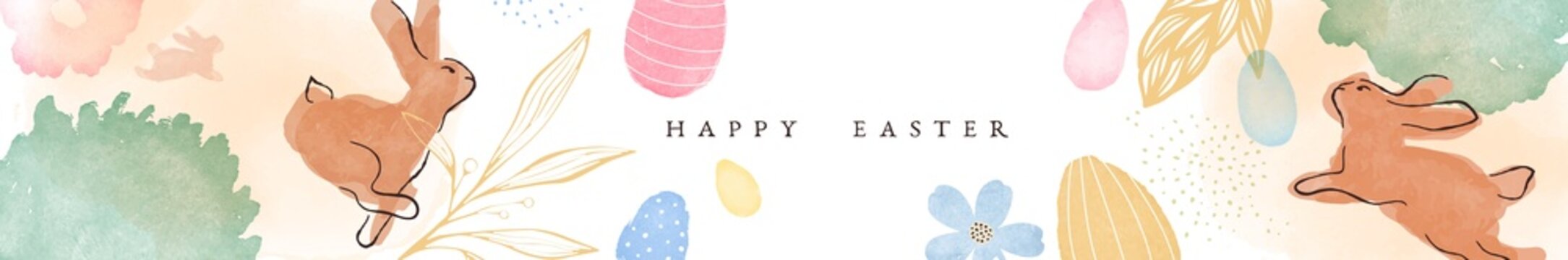 Happy easter retro watercolor spring rabbit banner