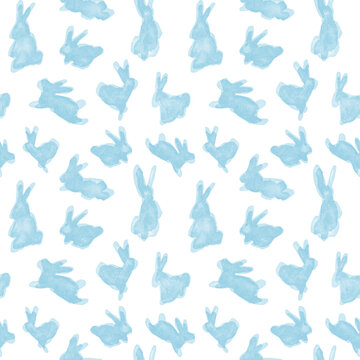 Blue Watercolor Rabbit Easter Seamless Pattern