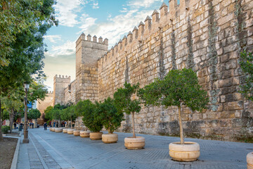 Morning view of one of the main fortification walls of the Royal Alcazar of Seville, in Seville...