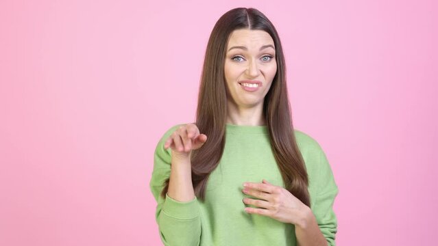 Frustrated lady not like intolerable odor isolated pastel color background