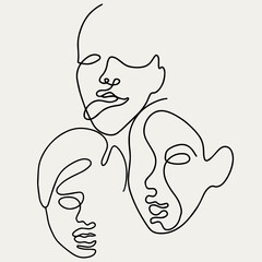 Vector  hand drawn  minimalistic one lined illustration. Creative artwork with faces. Template for card, poster, banner, print for t-shirt, pin, badge, patch.