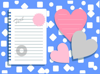 Notebook, notes in the form of hearts on a blue background