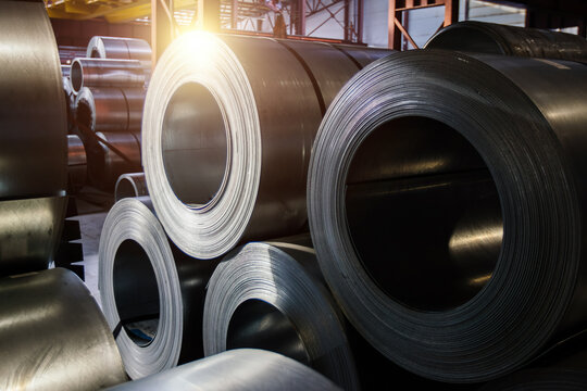 Rolls of galvanized steel sheet inside the factory or warehouse