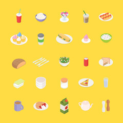 Food, meal, vegetable, fruit, meat, drink, cooking set. Isometric vector illustration in flat design.
