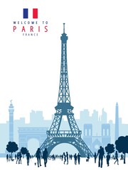 Crowd of people in Paris. Eiffel tower and city skyline. vector hand drawing.