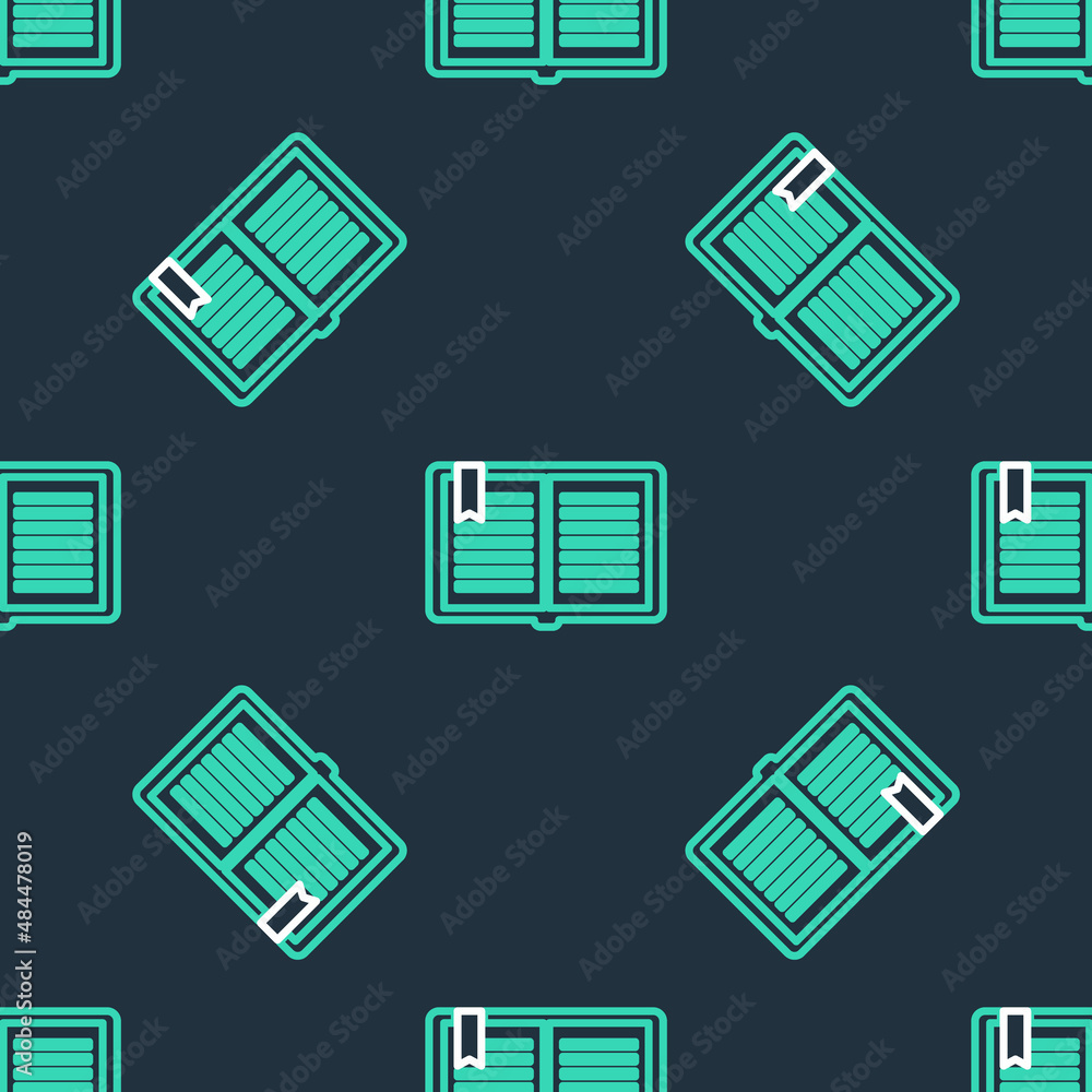 Poster line open book icon isolated seamless pattern on black background. vector