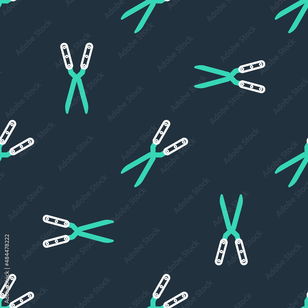 Poster line gardening handmade scissors for trimming icon isolated seamless pattern on black background. pr