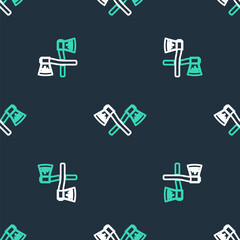 Line Crossed wooden axe icon isolated seamless pattern on black background. Lumberjack axe. Vector