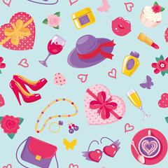 Female accessories background with bag, shoes, hat, cosmetic, perfume, coffee, wine, cake, sunglasses, gifts, flowers, hearts. Texture, seamless pattern for wallpaper, paper, textile, fabric