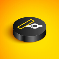 Isometric line Pirate eye patch icon isolated on yellow background. Pirate accessory. Black circle button. Vector