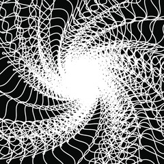 Distorted abstract lines, wireframe tunnel. The white wave spiral wavy lines on the black background.